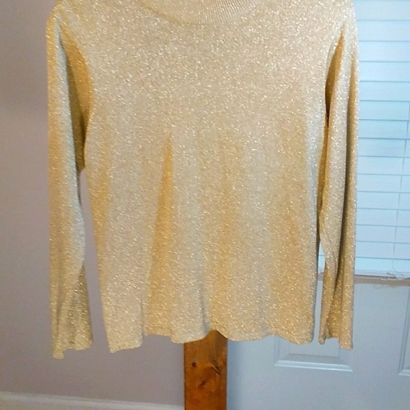 Talbots Silk Blend Pullover Knit Tan/Gold Heather Mock Neck Metallic Size M - Picture 9 of 12